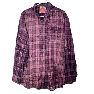 Handmade Floral Flannel Shirt Mens Size 2XL Unisex Purple Plaid Button Down 2X